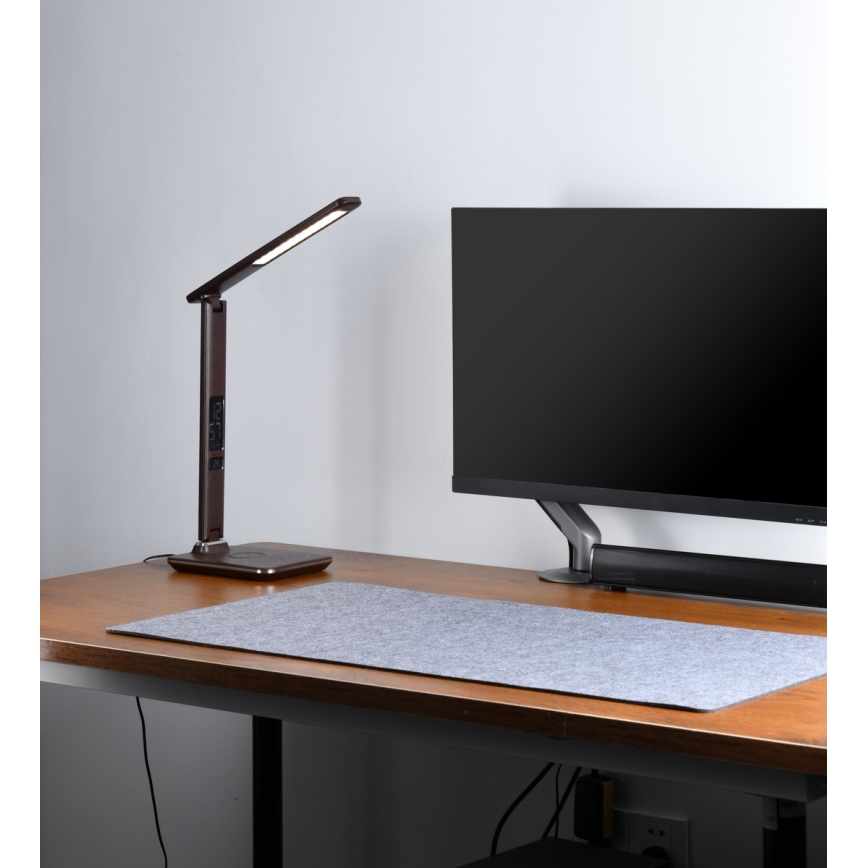 Brilagi - LED-hämardatav lauavalgusti traadita QI-laadimise ja USB-ühendusega REGINA LED/8,5W/230V pruun