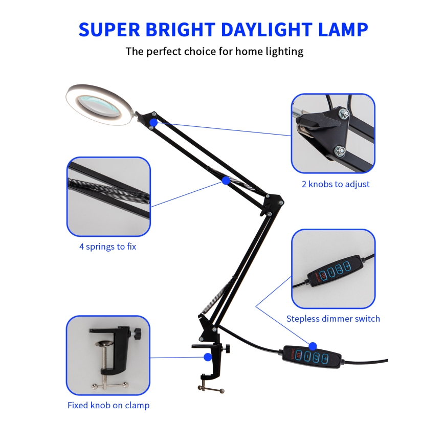 Brilagi - LED Hämardatav laualamp koos luubiga LENS LED/12W/5V 3000/4200/6000K must
