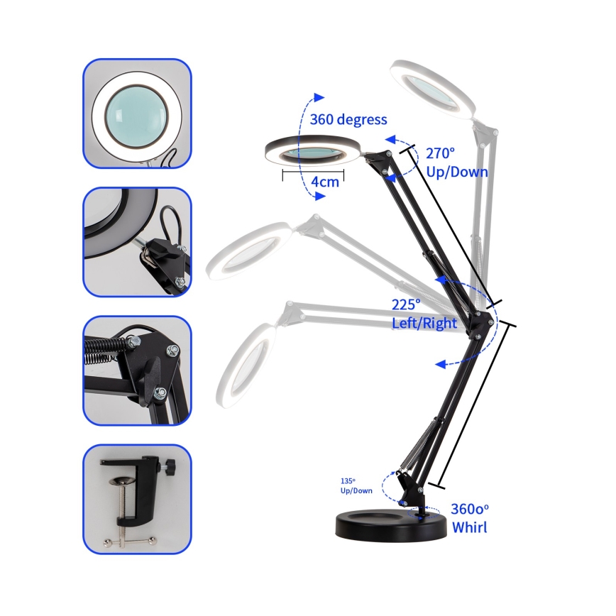 Brilagi - LED Hämardatav laualamp koos luubiga LENS LED/12W/5V 3000/4200/6000K must