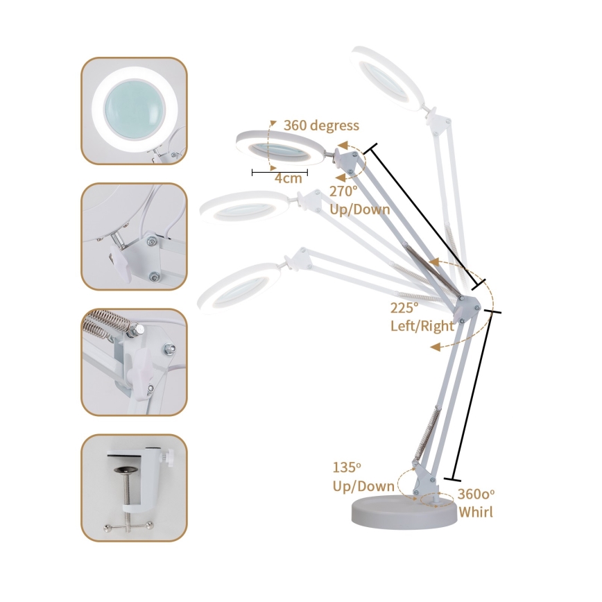 Brilagi - LED Hämardatav laualamp koos luubiga LENS LED/12W/5V 3000/4200/6000K valge
