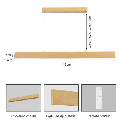Brilagi - LED-dimmendatav ripplamp kaablil SLIMLINE LED/40W/230V 3000-6000K tammeviimistlus + kaugjuhtimispult