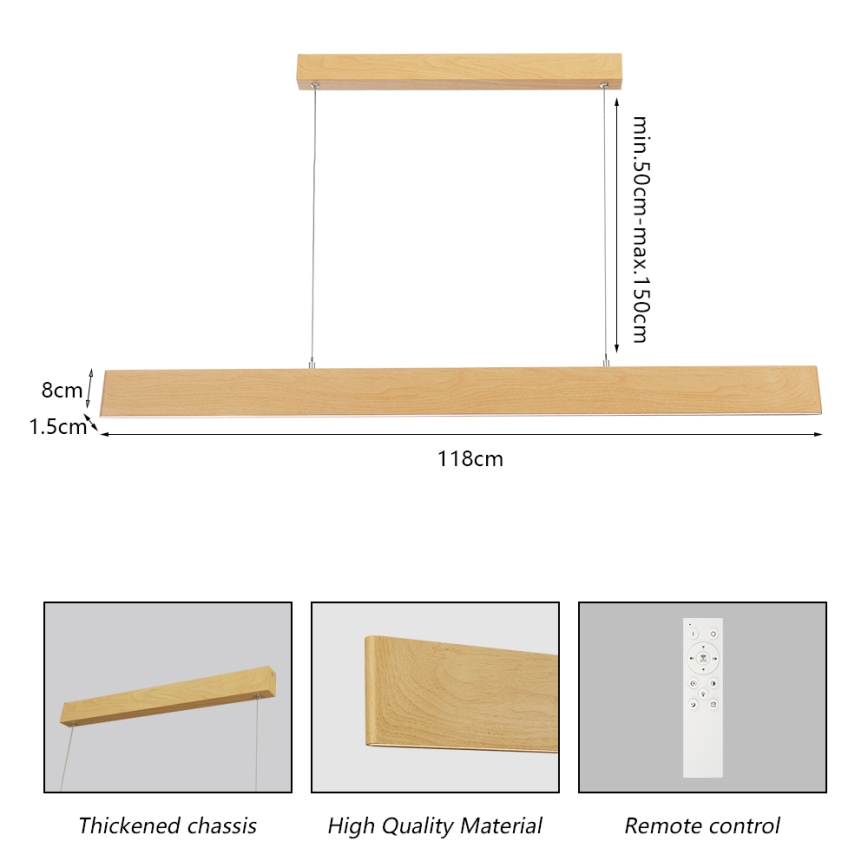 Brilagi - LED-dimmendatav ripplamp kaablil SLIMLINE LED/40W/230V 3000-6000K tammeviimistlus + kaugjuhtimispult