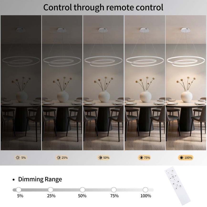 Brilagi - LED-hämardatav rippvalgusti kaablil TWISTER, LED 105 W/230 V, 3000–6000 K, läbimõõt 100 cm, valge + kaugjuhtimispult