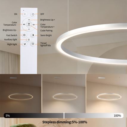 Brilagi - LED-hämardatav rippvalgusti kaablil PORTOFINO LED/60W/230V 3000–6000K Ø 80 cm hõbedane + kaugjuhtimispult