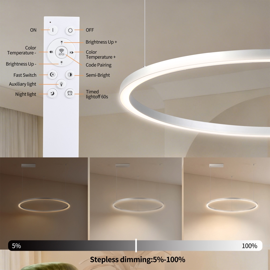 Brilagi - LED-hämardatav rippvalgusti kaablil PORTOFINO LED/60W/230V 3000–6000K Ø 80 cm hõbedane + kaugjuhtimispult