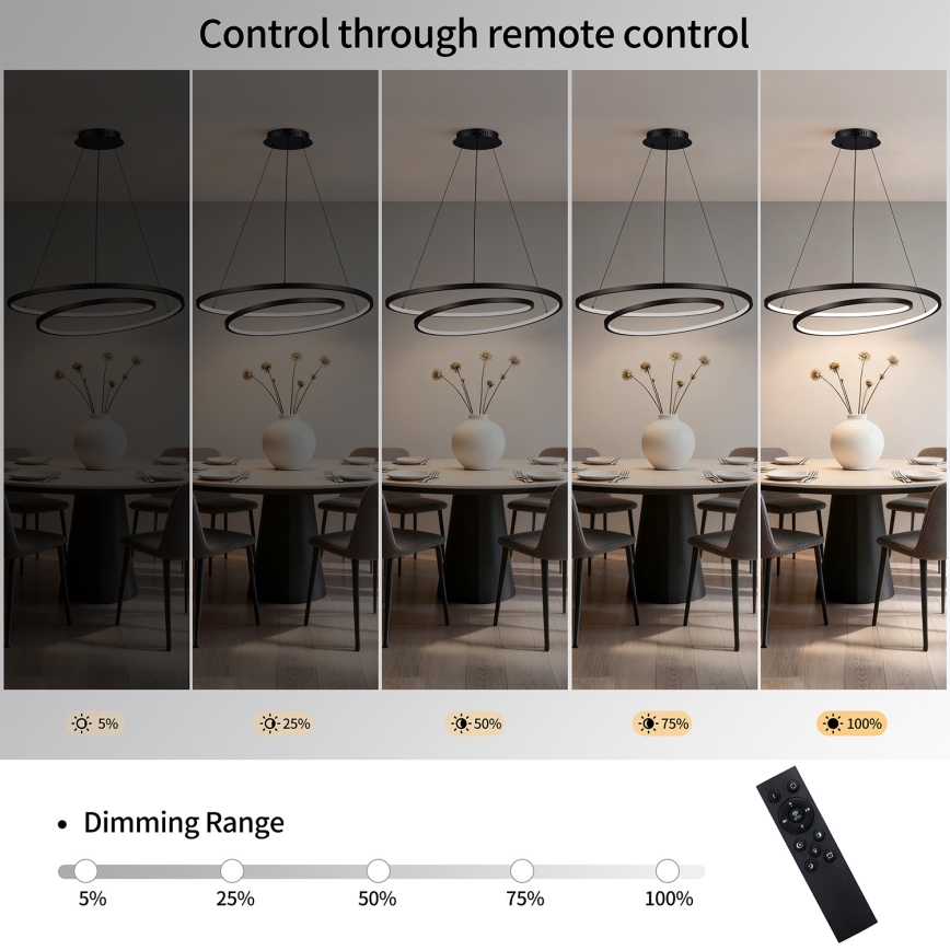Brilagi - LED hämardatav rippvalgusti kaablile TWISTER LED 105 W 230 V 3000–6000 K läbimõõt 100 cm must + kaugjuhtimispult