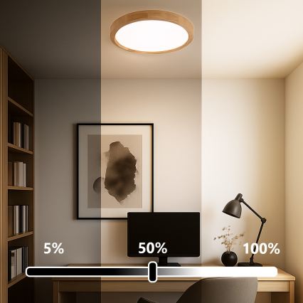 Brilagi - Hämardatav laelamp WOODROUND LED/30W/230V 3000-6000K, läbimõõt 40 cm, puit, CRI 90 + kaugjuhtimispult