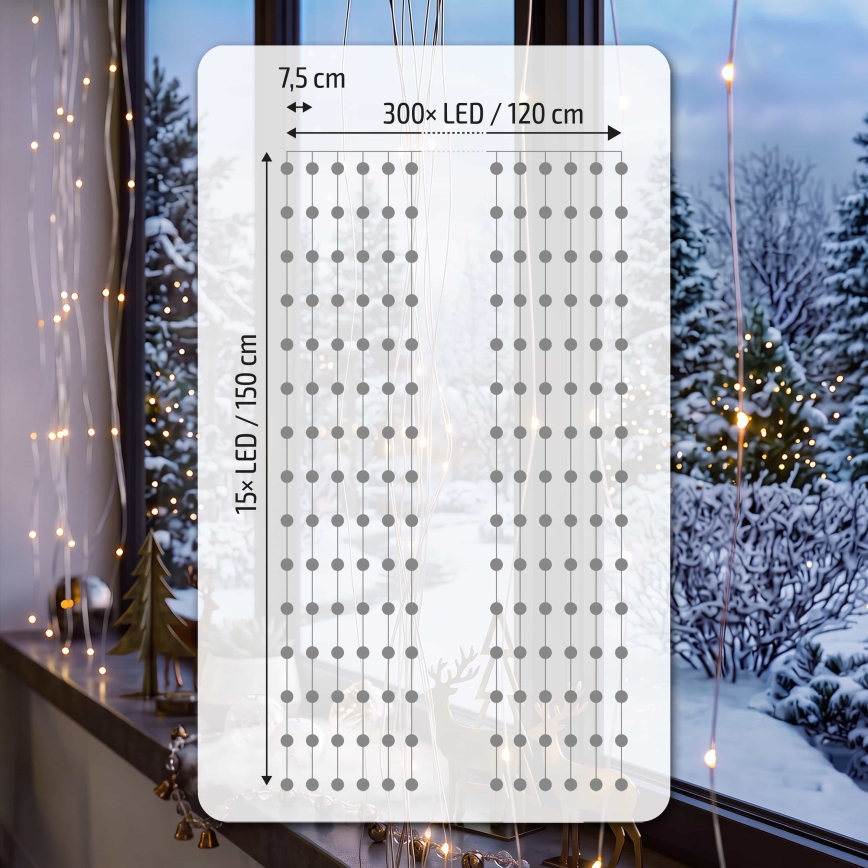 BRILAGI - LED jõulukardin 300xLED/8 funktsiooniga/3xAA/USB 1,2m soe valge
