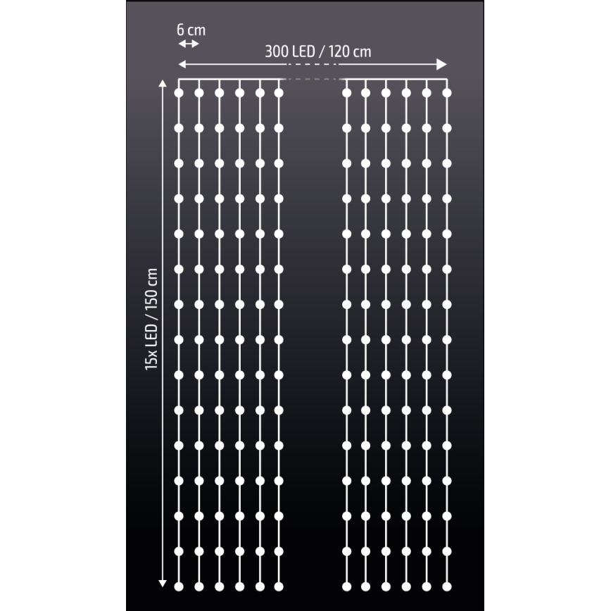 Brilagi - LED Jõuluteemaline valguskardin 300xLED/8 funktsiooni/3xAA/USB 1,2m külm valge