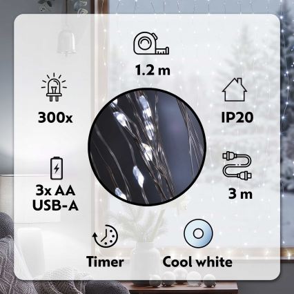 BRILAGI - LED Jõuluteemaline valguskardin 300xLED/8 funktsiooni/3xAA/USB 1,2m külm valge