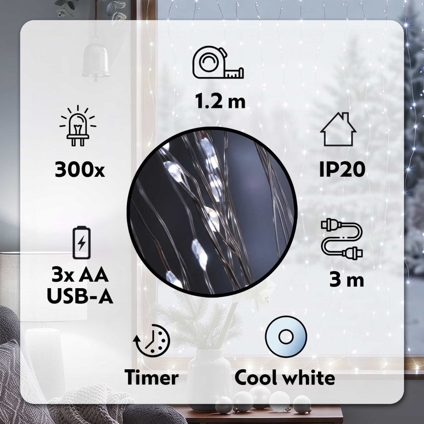 BRILAGI - LED Jõuluteemaline valguskardin 300xLED/8 funktsiooni/3xAA/USB 1,2m külm valge