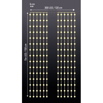 Brilagi - LED Jõuluteemaline valguskardin 300xLED/8 funktsiooni/3xAA/USB 1,2m soe valge