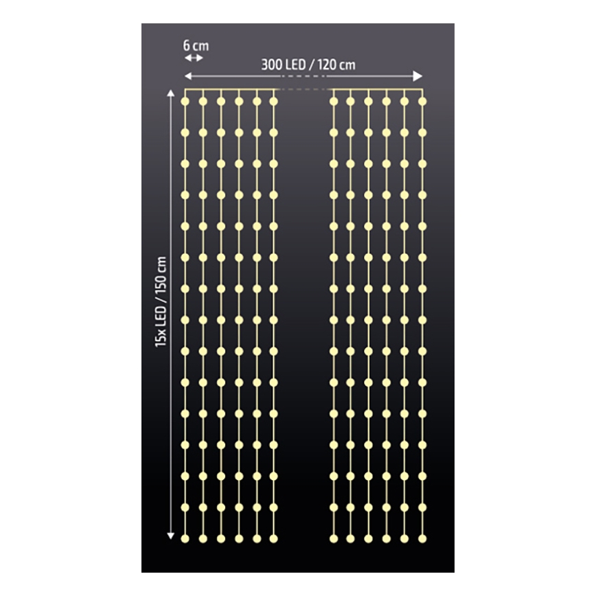 Brilagi - LED Jõuluteemaline valguskardin 300xLED/8 funktsiooni/3xAA/USB 1,2m soe valge