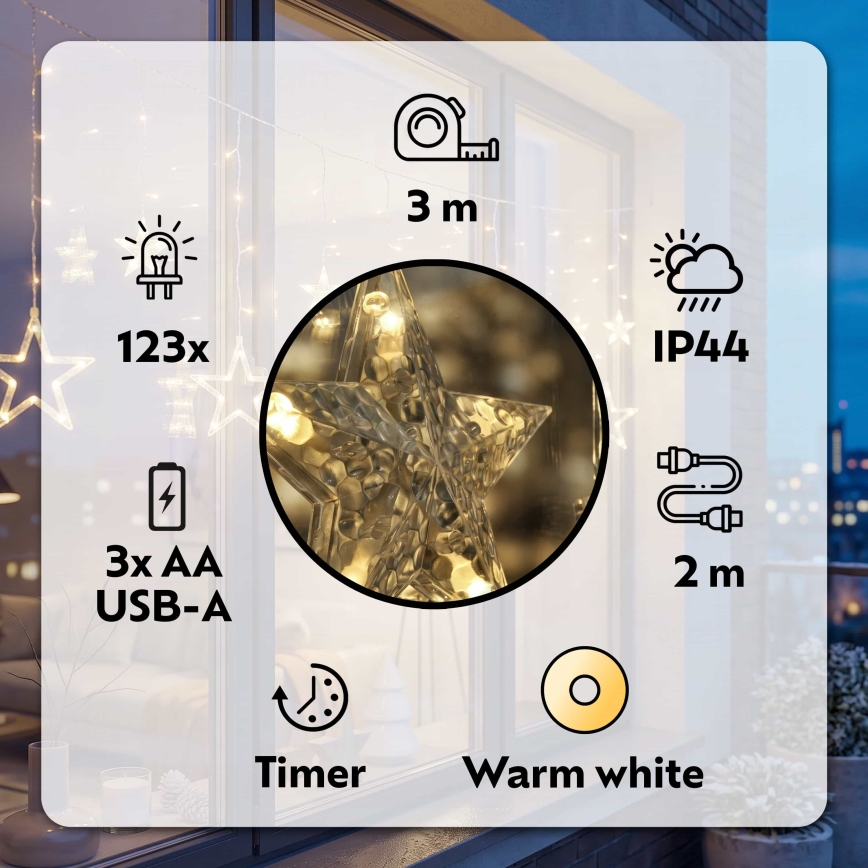 BRILAGI - LED Jõuluteemaline väli valguskardin 123xLED/3xAA/USB 3m IP44 soe valge