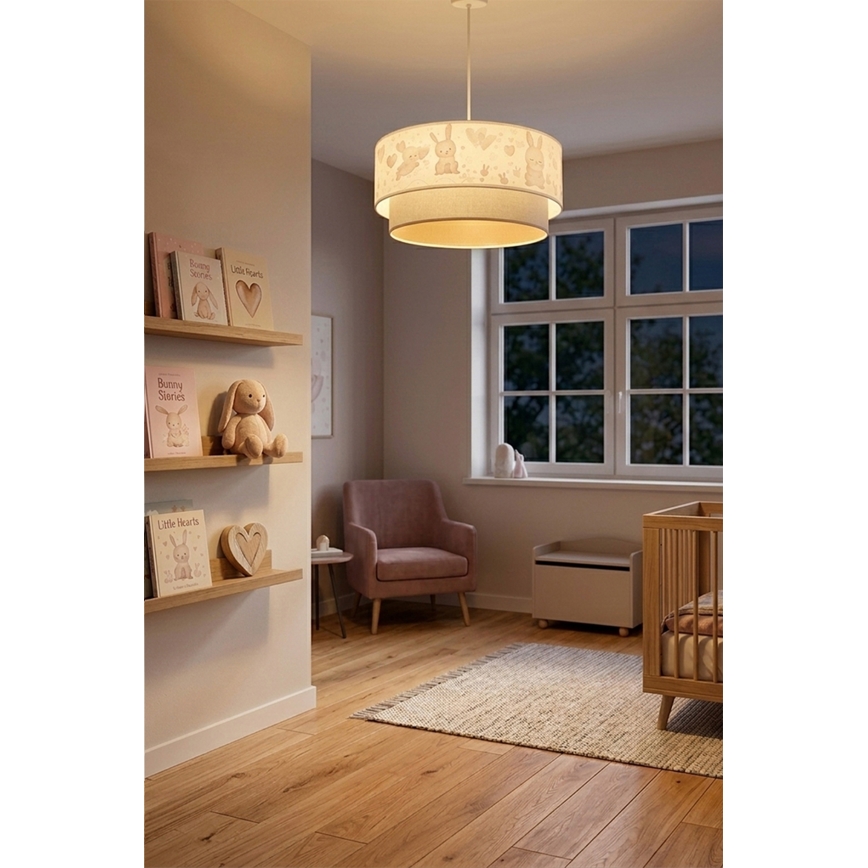 Brilagi - LED laste laelamp nööril BOBO 1xE27/60W/230V, läbimõõt 40 cm, kreemjas/hall/jänesemustriga