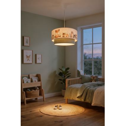 Brilagi - LED laste rippvalgusti nööril BOBO 1xE27/10W/230V Ø 40 cm valge/roheline/loomamustriga