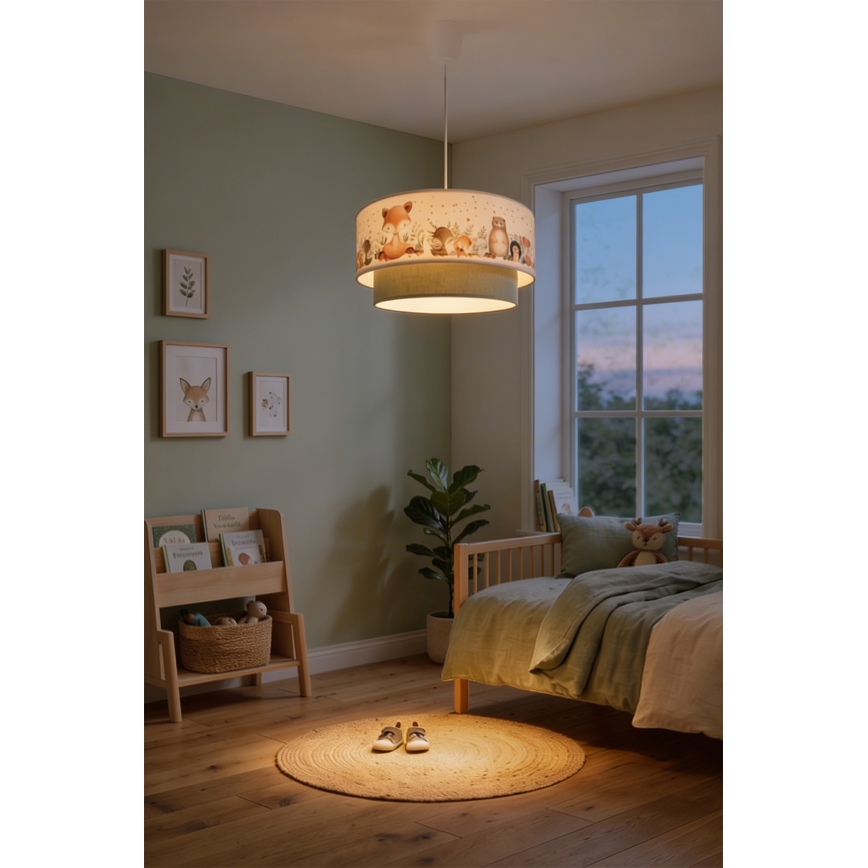 Brilagi - LED laste rippvalgusti nööril BOBO 1xE27/10W/230V Ø 40 cm valge/roheline/loomamustriga