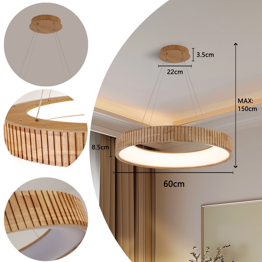 Brilagi - LED-ripats kaablil FALCON WOOD MODERN LED/40W/230V 3000/4000/6000K läbimõõt 60 cm puit