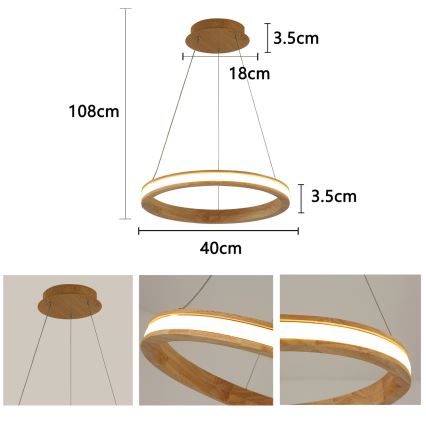 Brilagi - LED-lühter kaabliriputusega UMEA WOOD LED/30W/230V, läbimõõt 40 cm, puit