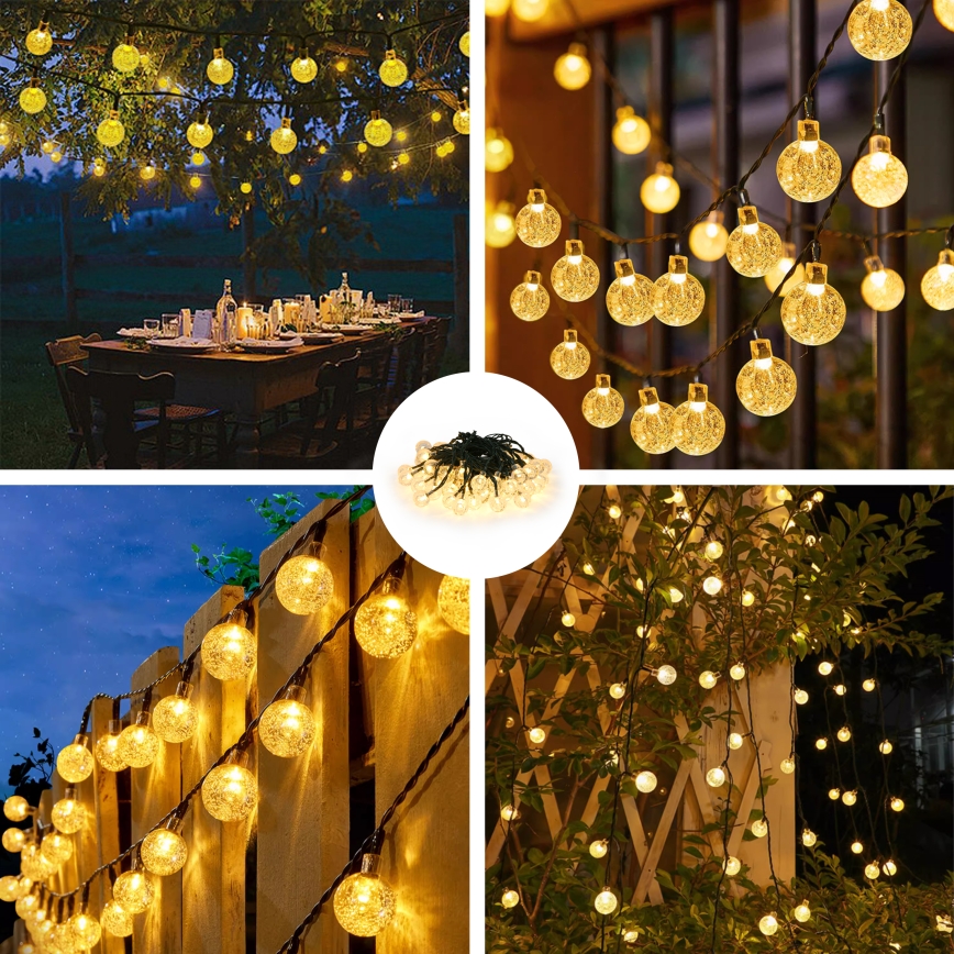 Brilagi - LED päikesepaneeliga dekoratiivne valguskett BUBBLE 50×LED / 8 režiimi 7 m IP65 soe valge 600 mAh