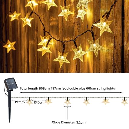 Brilagi - LED Päikesepaneeliga dekoratiivne kett STARS 50xLED/8 funktsiooni 7m IP65 soe valge 600 mAh
