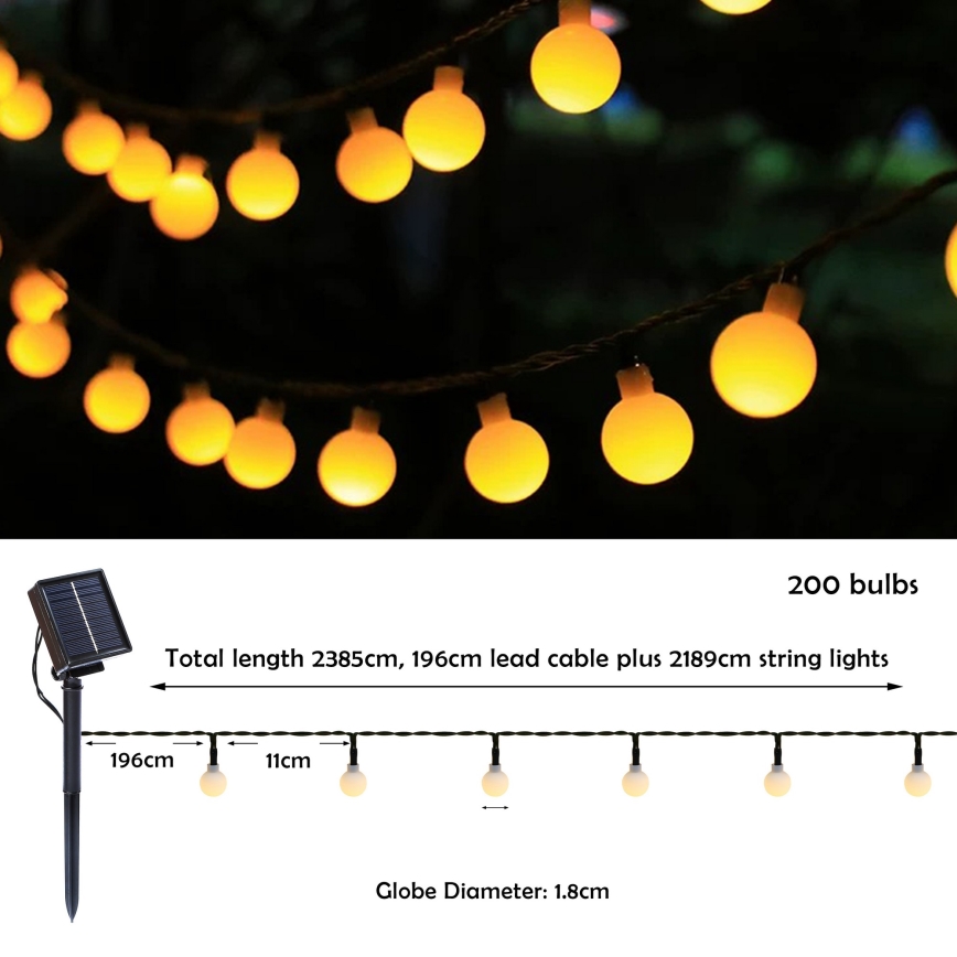 BRILAGI - LED päikeseenergial töötav dekoratiivne valguskett BUBBLE 200xLED/8 režiimi 20m IP65 soe valge 800 mAh