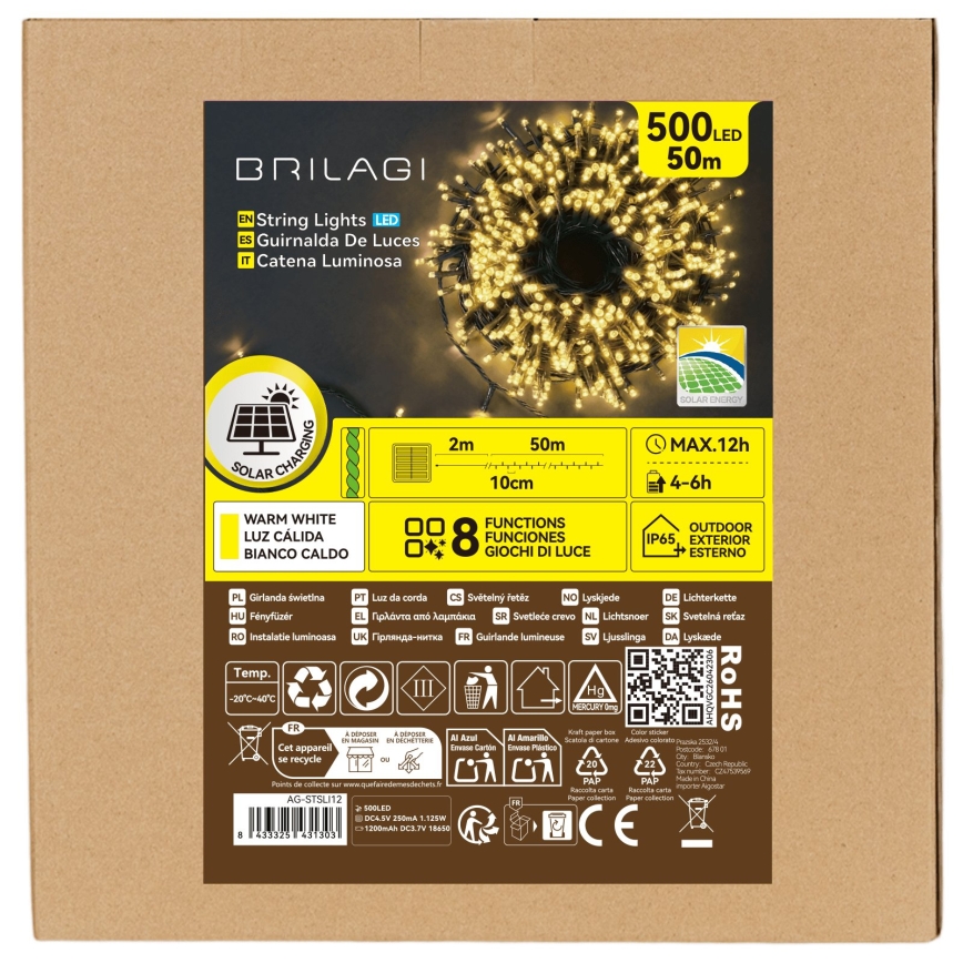 BRILAGI - LED päikese jõuluvalguskett 500xLED/8 režiimi 52m 1200 mAh IP65 soe valge