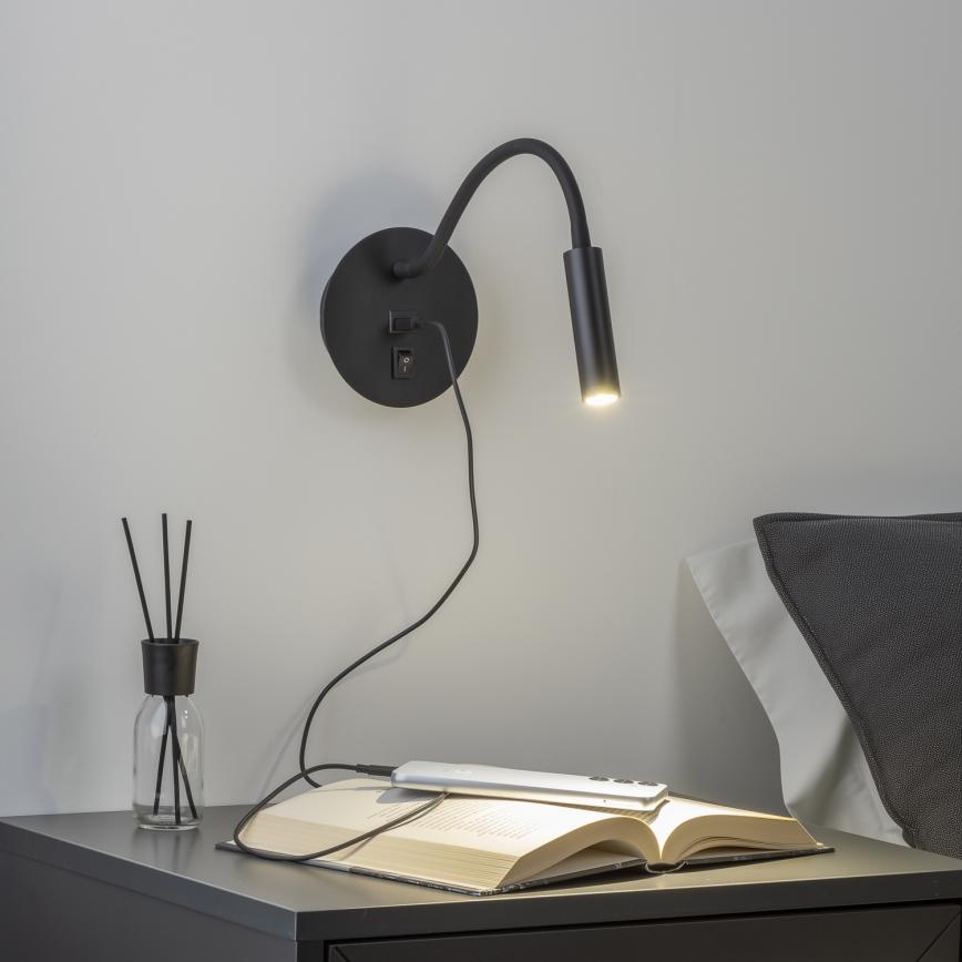 Brilagi - LED Paindlik seinalamp USB pordiga MAYA LED/3W/230V 4000K must