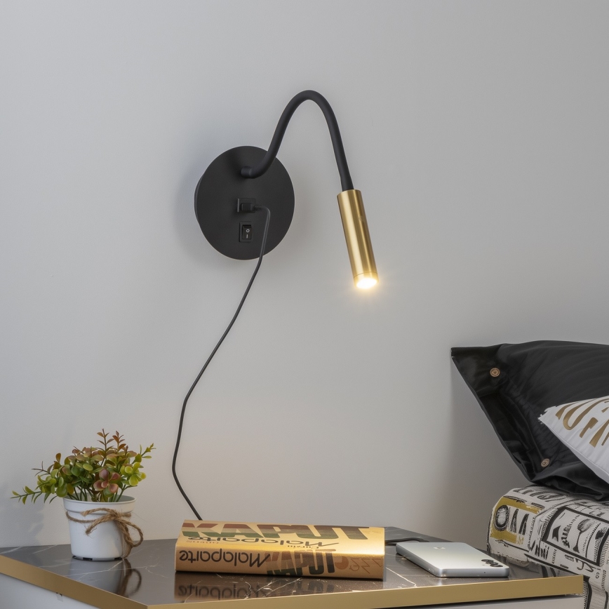 Brilagi - LED Paindlik seinalamp USB pordiga MAYA LED/3W/230V 4000K must/kuldne