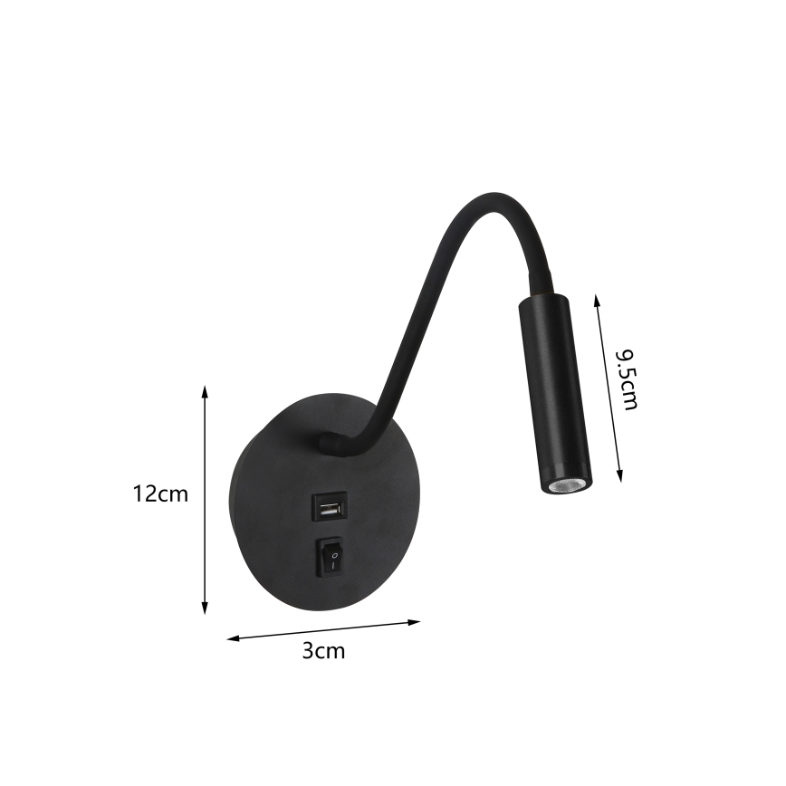 Brilagi - LED Paindlik seinalamp USB pordiga MAYA LED/3W/230V 4000K must