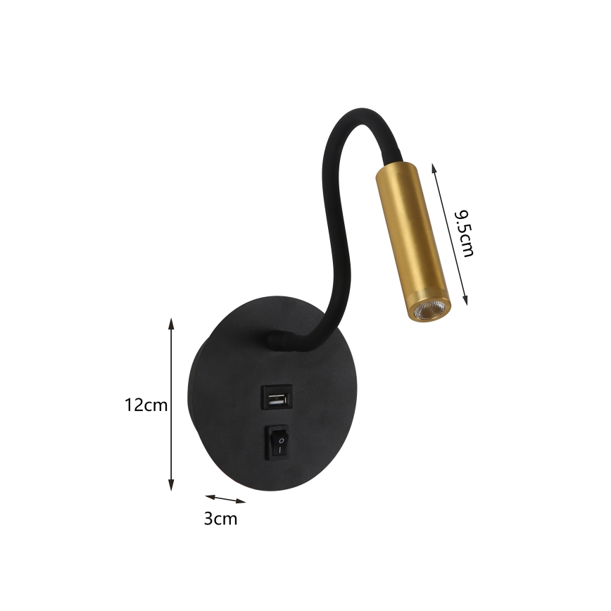 Brilagi - LED Paindlik seinalamp USB pordiga MAYA LED/3W/230V 4000K must/kuldne