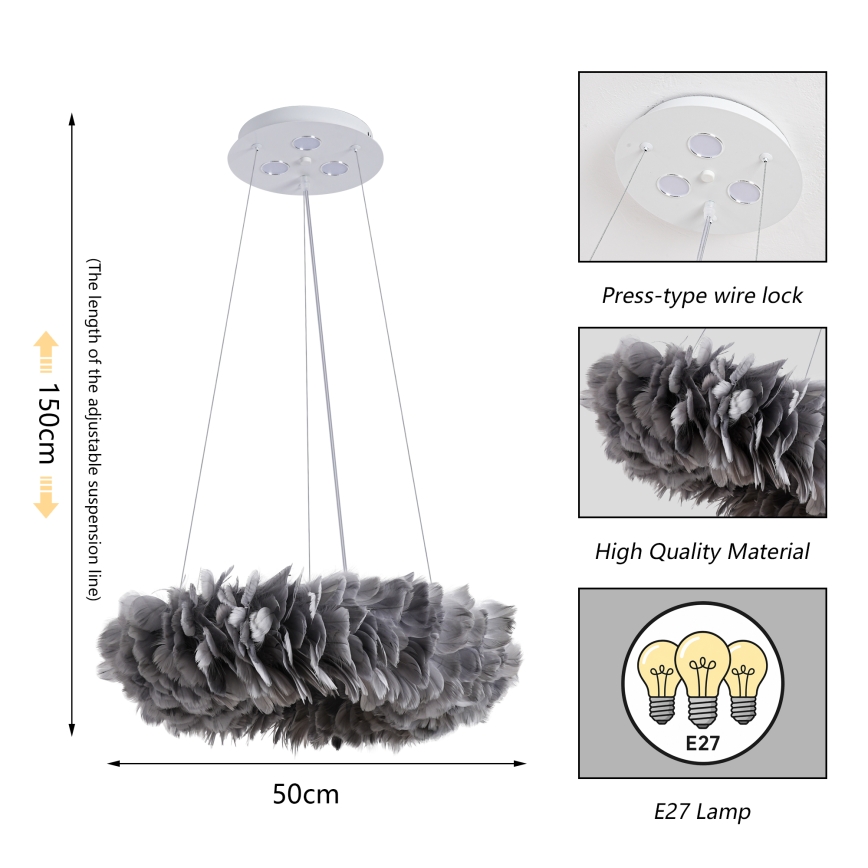BRILAGI - LED-rippvalgusti FEATHER kaablil 3xE27/40W/230V + 3xLED/3W läbimõõduga 50 cm hall