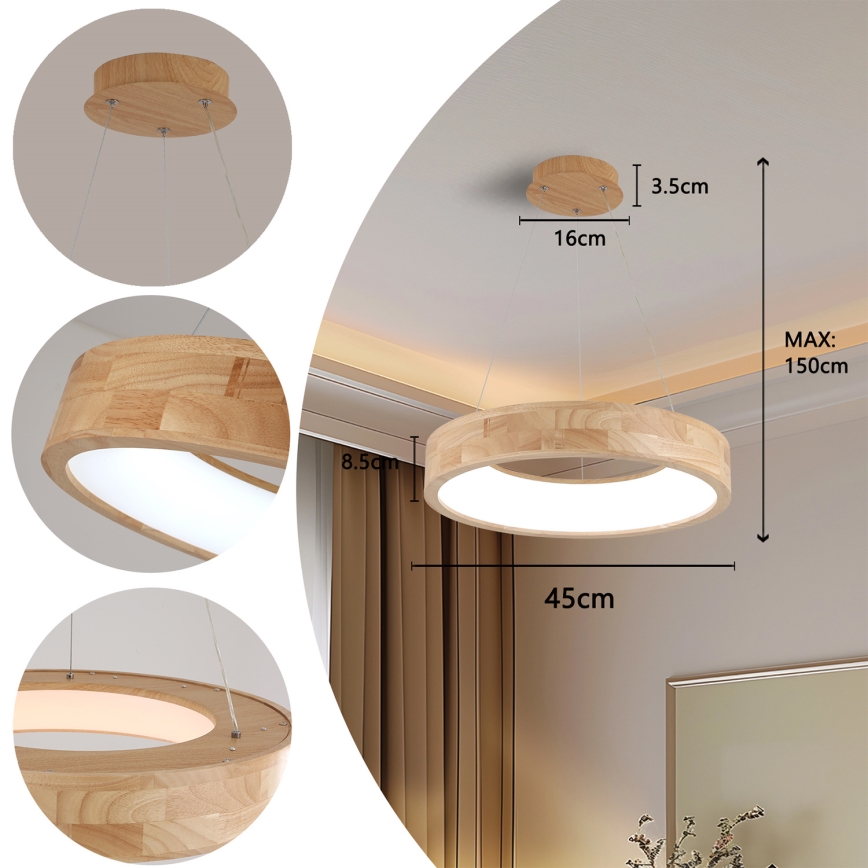 Brilagi - FALCON WOOD LED-lühter kaablil, 30 W, 230 V, 3000/4000/6000 K, Ø 45 cm, puit