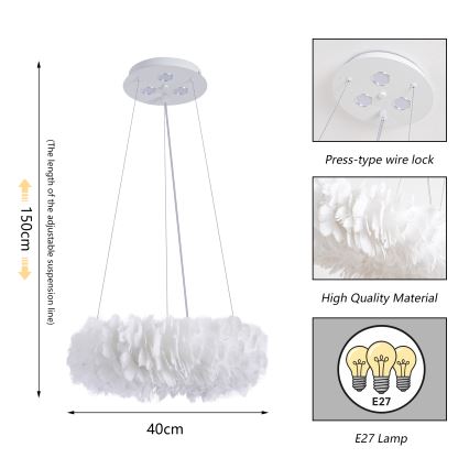 BRILAGI - LED-rippvalgusti kaabliga FEATHER 3xE27/40W/230V + 3xLED/3W läbimõõt 40 cm valge