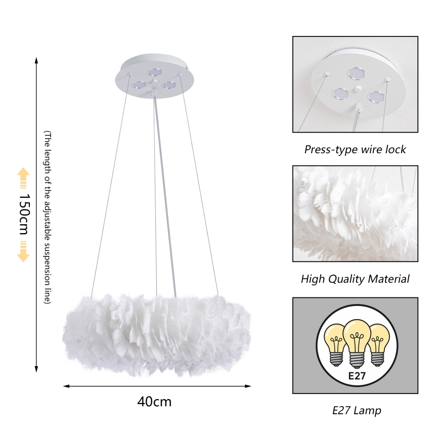 BRILAGI - LED-rippvalgusti kaabliga FEATHER 3xE27/40W/230V + 3xLED/3W läbimõõt 40 cm valge