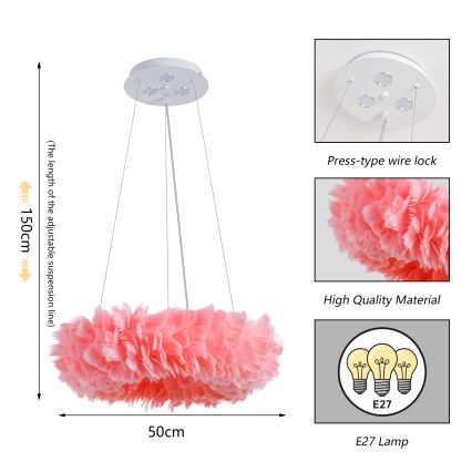 BRILAGI - LED-rippvalgusti kaabliga FEATHER 3xE27/40W/230V + 3xLED/3W läbimõõt 50 cm roosa