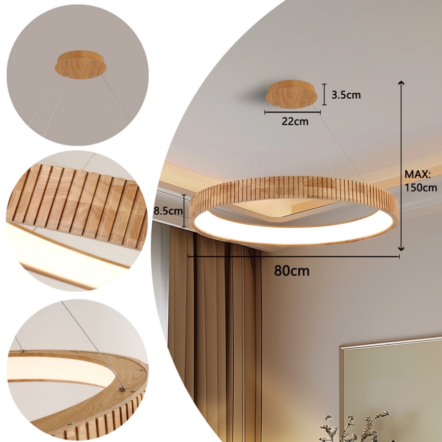 Brilagi - LED-rippvalgusti kaablil FALCON WOOD MODERN LED/60W/230V 3000/4000/6000K läbimõõt 80 cm, puidust