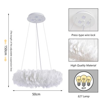 BRILAGI - LED-rippvalgusti kaablil FEATHER 3xE27/40W/230V + 3xLED/3W, läbimõõt 50 cm, valge