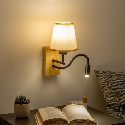 Brilagi - LED Paindlik seinalamp NUBILA WOOD 1xE27/25W/230V + LED/3W tamm/helepruun