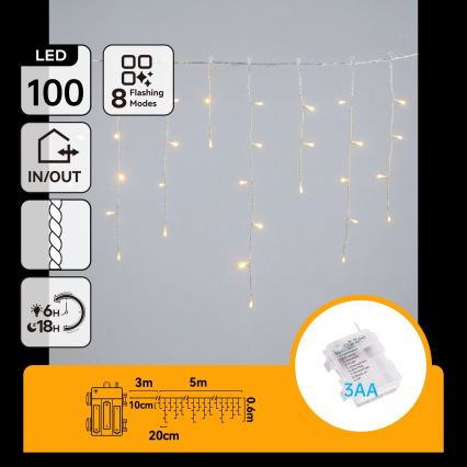 BRILAGI - LED väljas kasutatav jõulukett 100xLED/3xAA/8 funktsiooni 8x0,6m IP44 soe valge