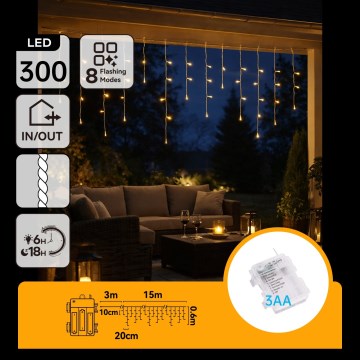 BRILAGI - LED välistingimustes kasutatav jõulukett 300xLED/3xAA/8 funktsiooni 18x0,6m IP44 soe valge