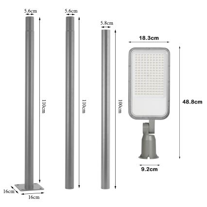 Brilagi - LED tänavavalgusti koos 3 m postiga ja liigendiga URBANLIGHT LED/100W/230V, hall, IP65