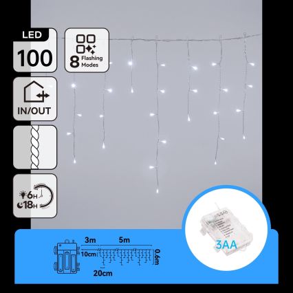 BRILAGI - LED väljas jõulukett 100xLED/3xAA/8 funktsiooni 8x0,6m IP44 külmvalge