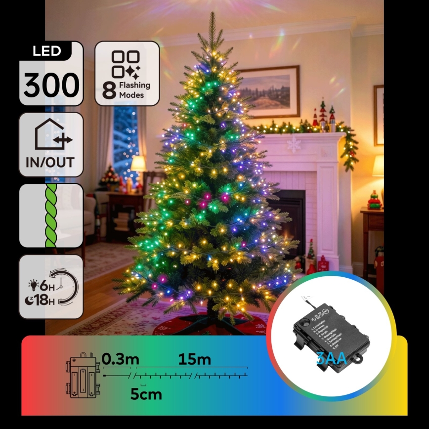 BRILAGI - LED väljas kasutatav jõulutuled 300xLED/3xAA/8 funktsiooniga 15,3m IP44 mitmevärviline