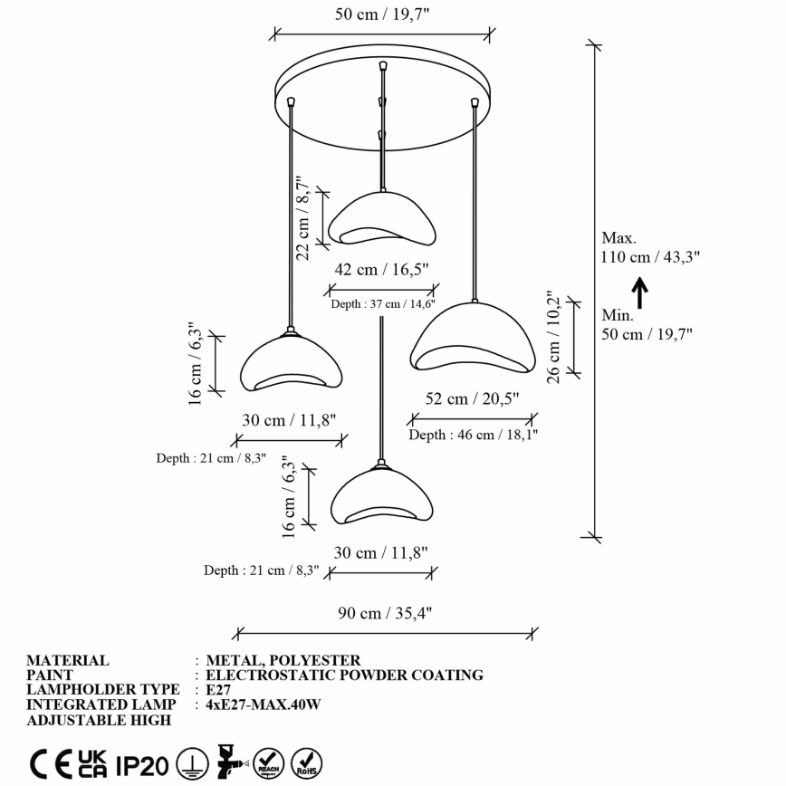 Brilagi - LUNA rippvalgusti kaabliga 4xE27/40W/230V, läbimõõt 90 cm, valge