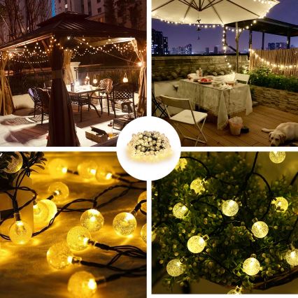 BRILAGI - LED-päikesepaneeliga dekoratiivne valgusnöör BUBBLE 300xLED/8 funktsiooni 30m IP65 soe valge 500 mAh