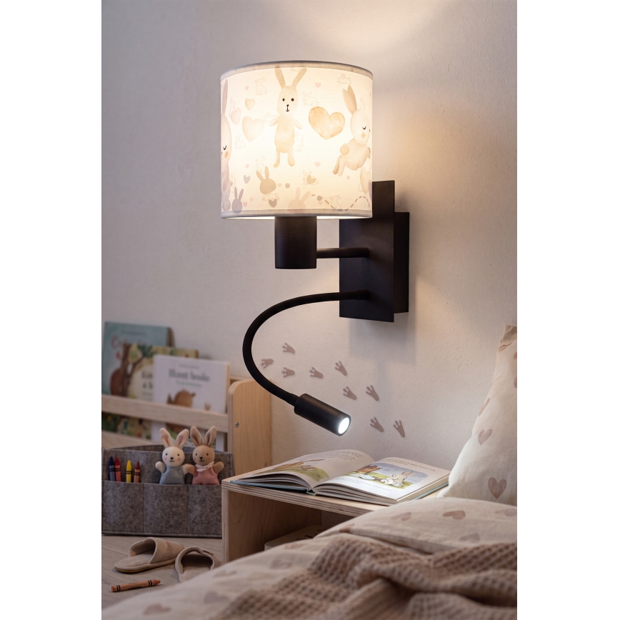 BRILAGI - LED laste painduv seinavalgusti BOBO 1xE27/25W/230V + LED/3W must/valge/jänesed