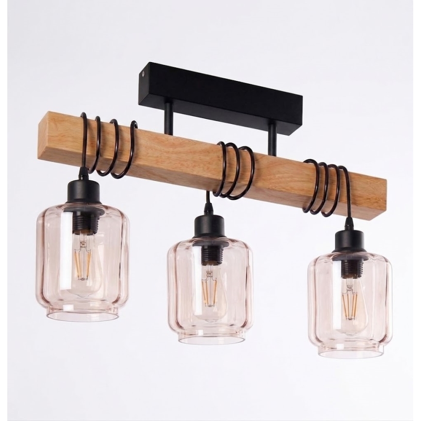 BRILAGI - pinnapealne lühter WOOD GLASS 3xE27/60W/230V männipuit/must/suitsune beež