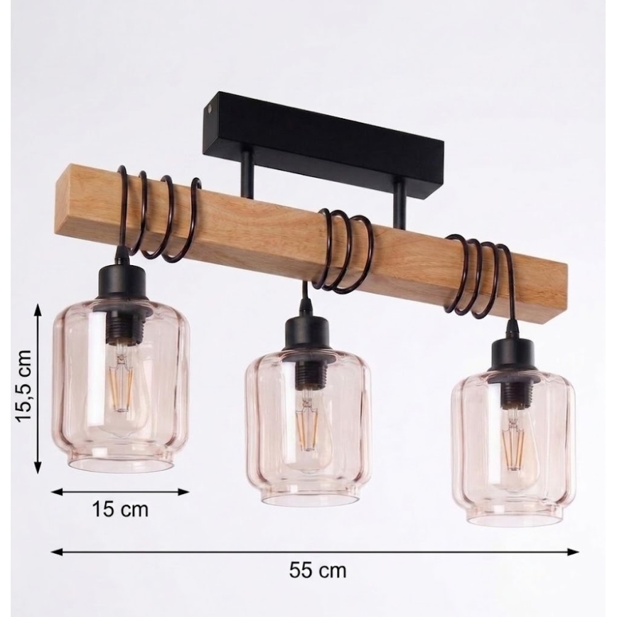 BRILAGI - pinnapealne lühter WOOD GLASS 3xE27/60W/230V männipuit/must/suitsune beež