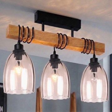 BRILAGI - Pinnapealne lühter WOOD GLASS 3xE27/60W/230V mänd/must/suitsune beež
